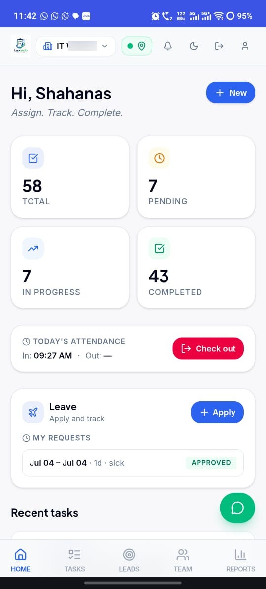 TaskUndo mobile home dashboard