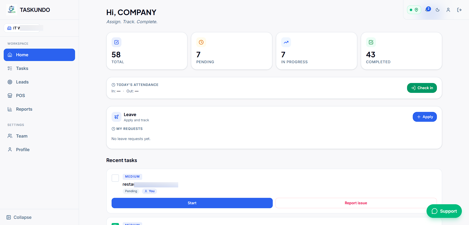 TaskUndo desktop dashboard with tasks and attendance